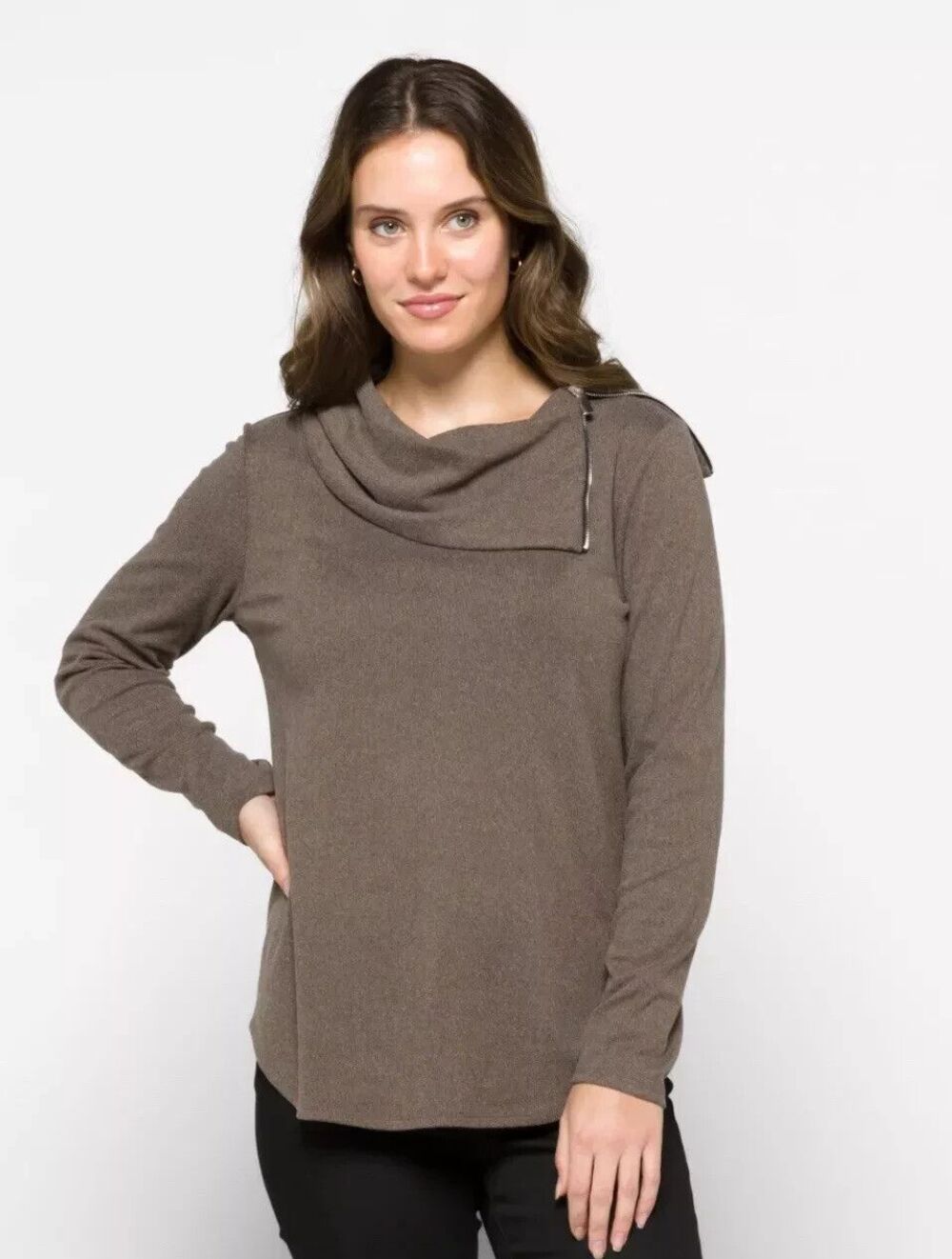Fortune & Ivy Women's Med Brown Zipper Detail Cowl Neck Pullover Top NWOT